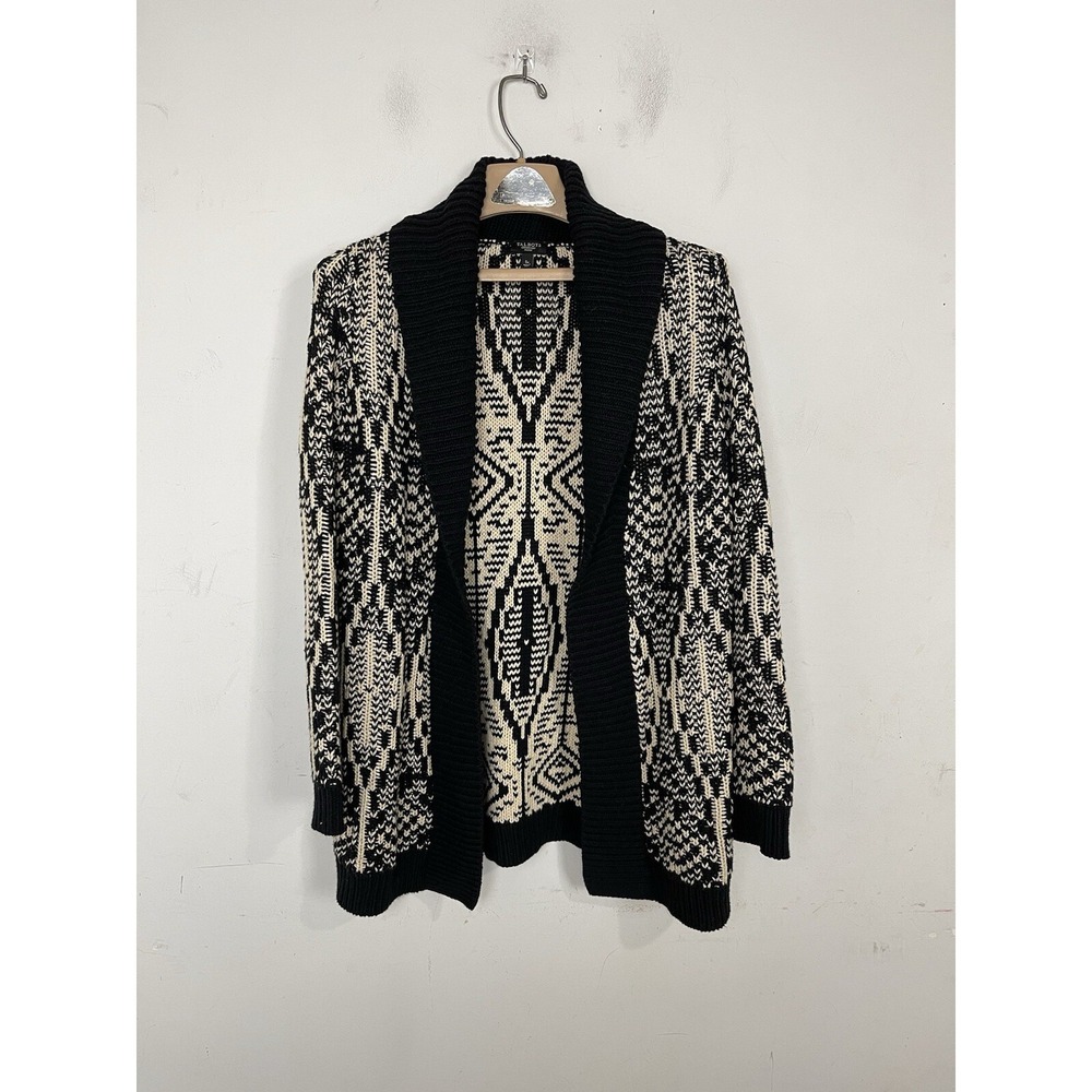 Talbots Women Cardigan Small Petite Black Aztec Wool Cabincore Cozy Chunky Knit